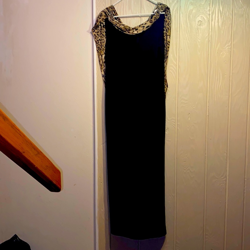 Vintage long black Scarlett dress with cheetah print cape attached